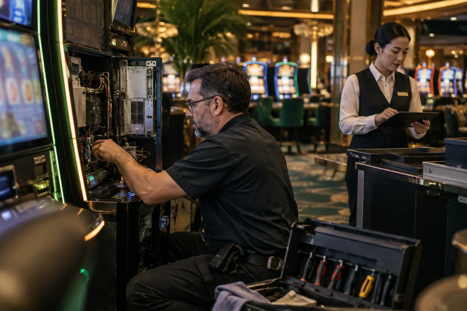 Technicien inspectant l’électronique d’une machine de casino avec une collègue d’exploitation