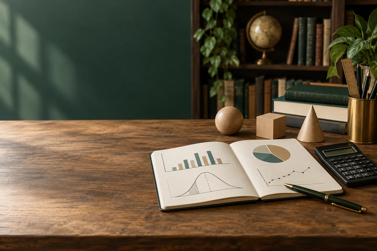 Probability notebook and calculator on a study desk